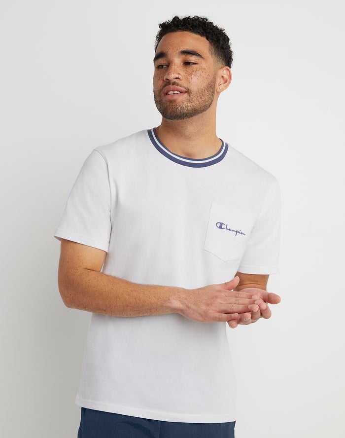 Champion Tipped Collar Pocket Embroidered Script Logo T-Shirt Heren - Wit - Belgie 4310XIEAD